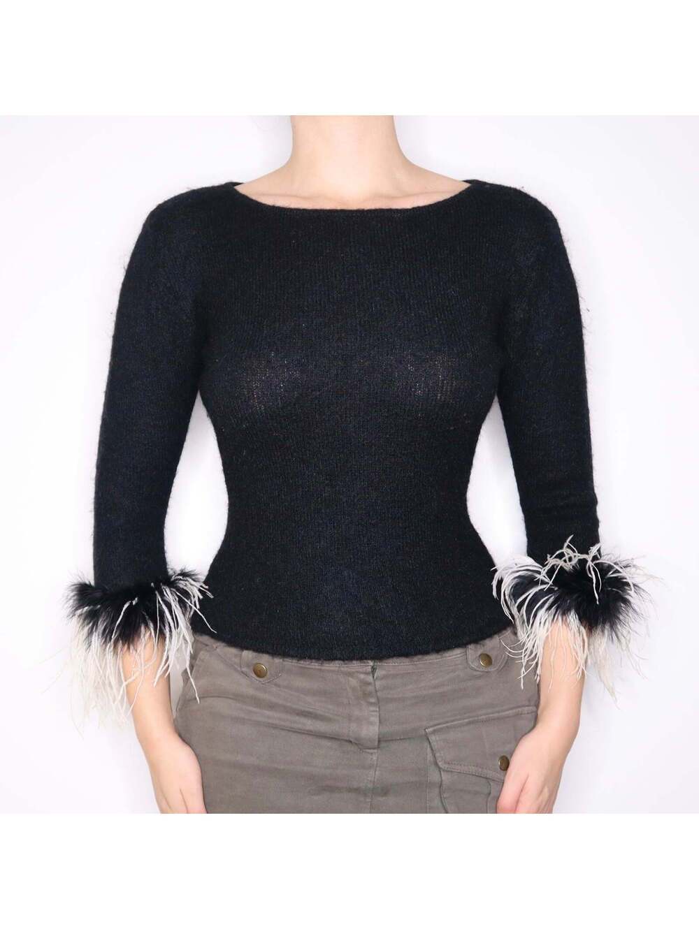 90s Black Mohair Feather Trim Sweater (M)